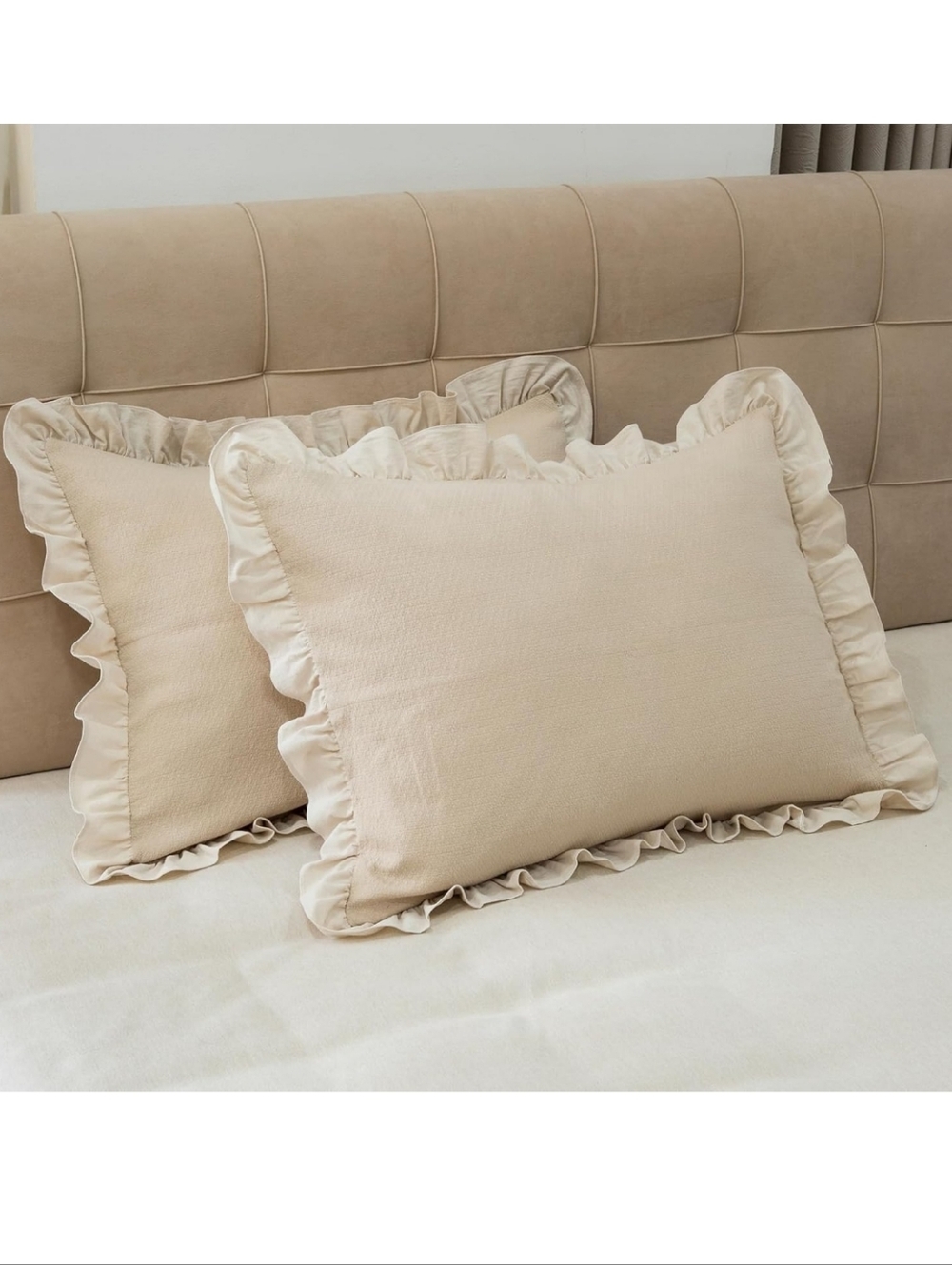 New Classic Cotton Ruffle Pillow Shams Covers Light Brown (Set of 2) King 20x36